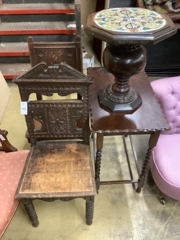 A Victorian Aesthetic movement carved oak hall seat, another carved oak chair, a tile top occasional table and a rectangular occasional table